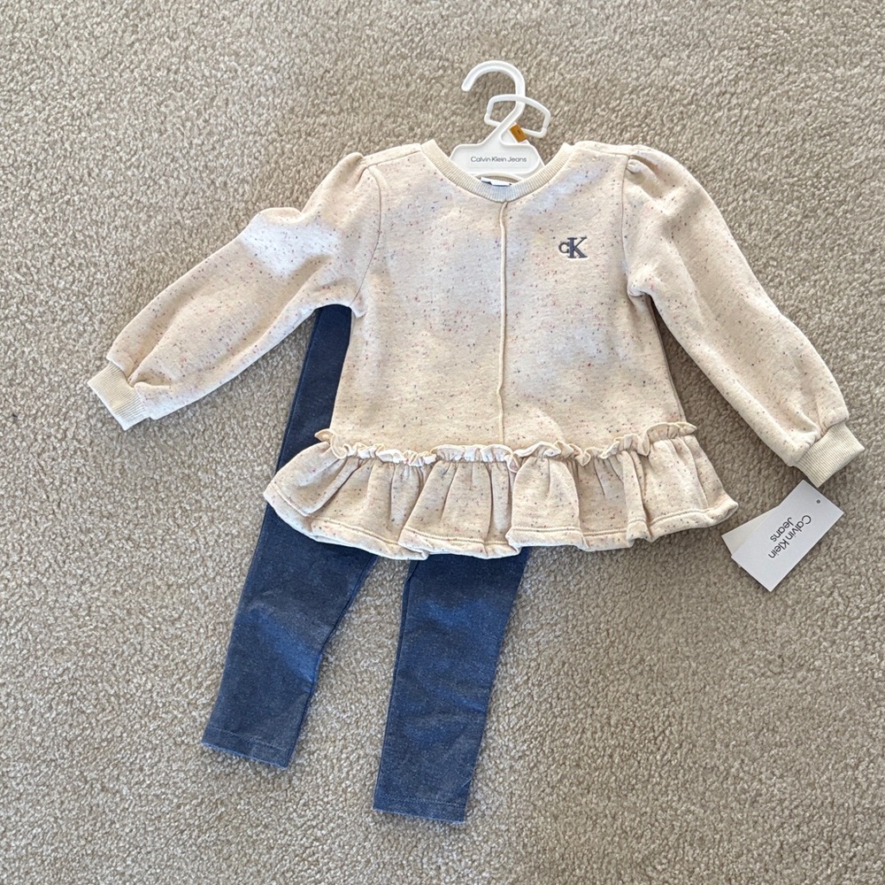 Calvin Klein Cream Ruffle Top and Blue Pants Set